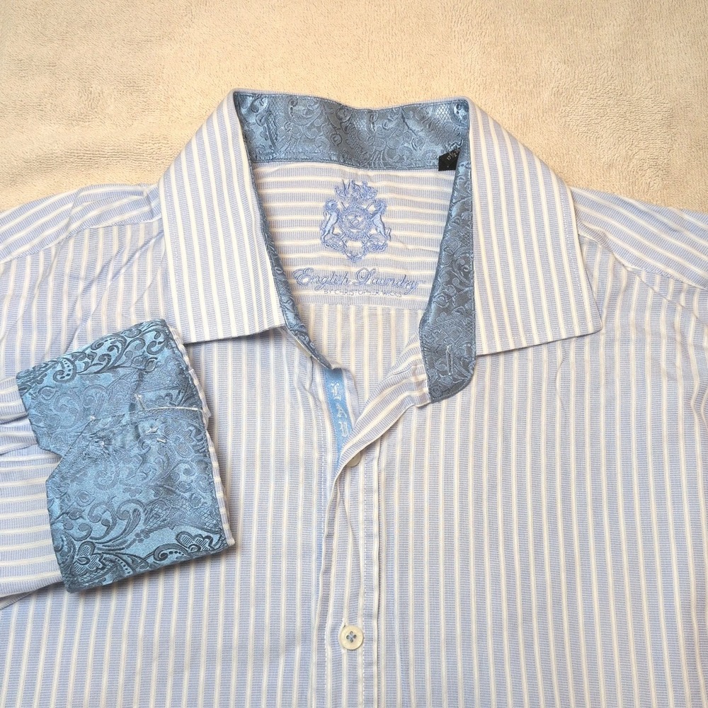 English Laundry Mens Dress Shirt Blue Stripe Flip Cuff Long Sleeve 17 1/2 36/37